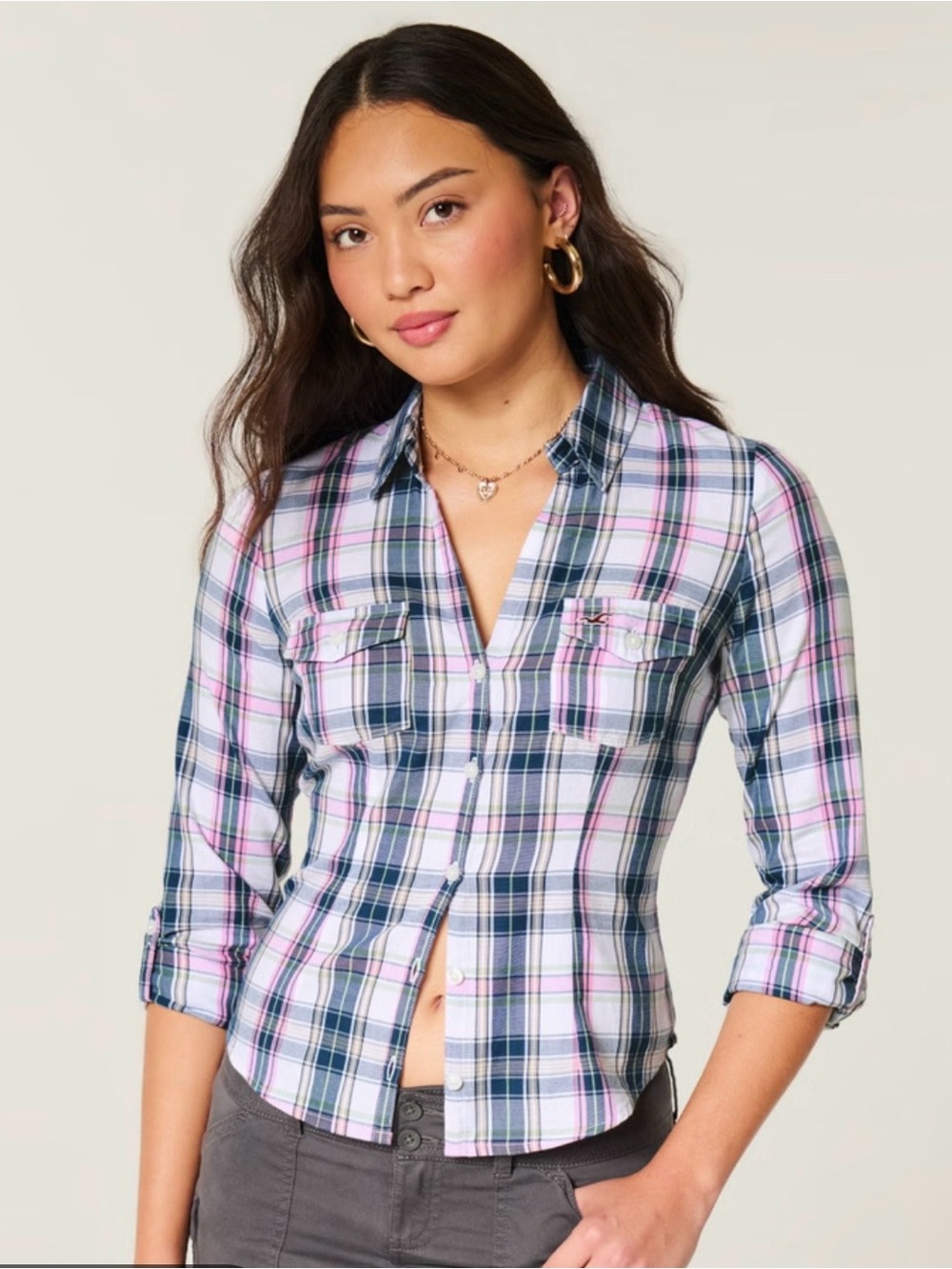St. John’s Bay women’s L roll button sleeve blouse, flat button pockets new
